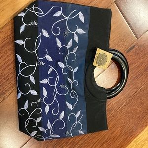 Olathe silk blue black bag with design; beads on leaves